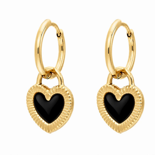 Boucles d’oreilles créoles dorées réversibles avec cœur blanc – vue côté blanc