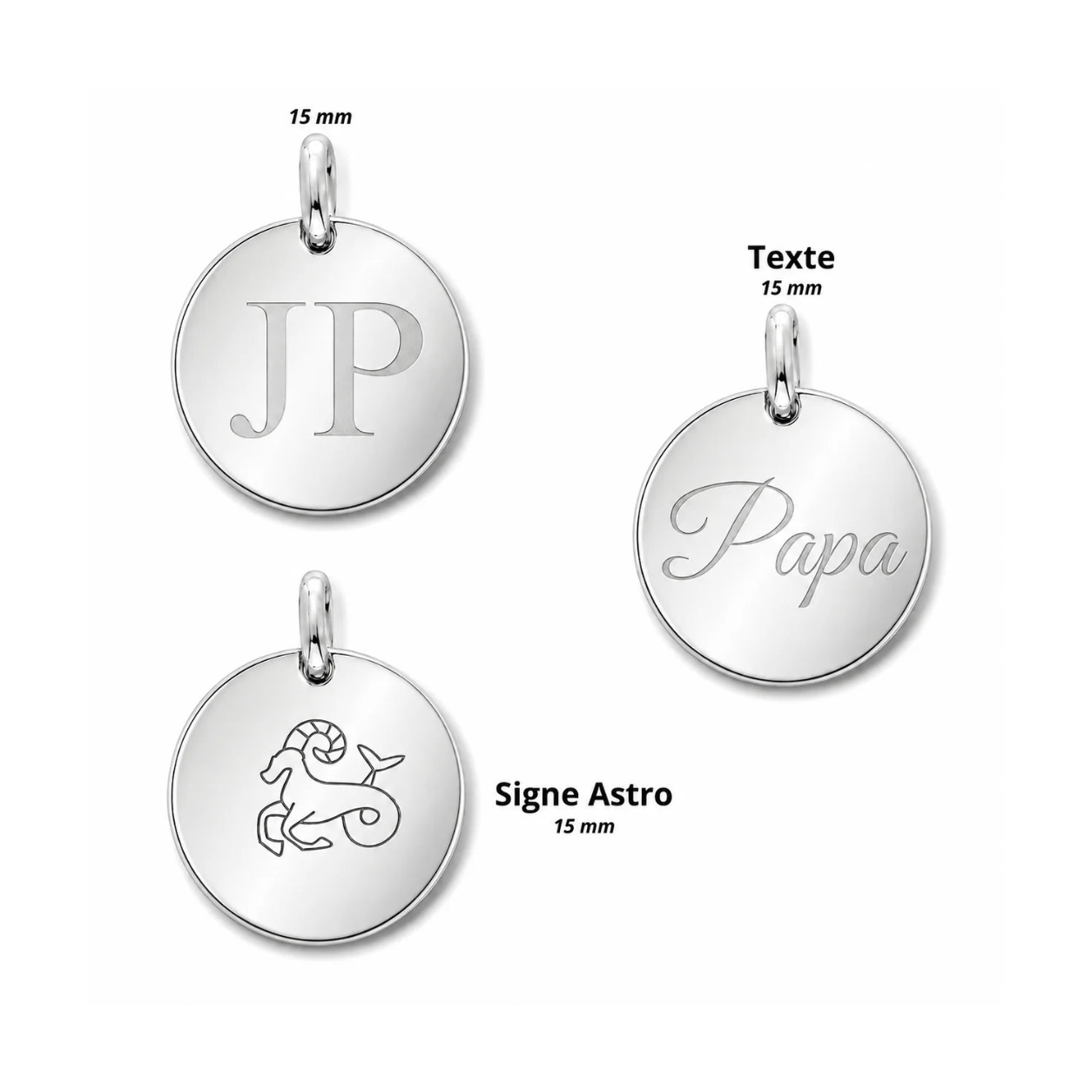 Exemples de gravure sur médaille ronde personnalisable 15 mm argentée : initiales, prénom et signe astrologique – Les Inséparables