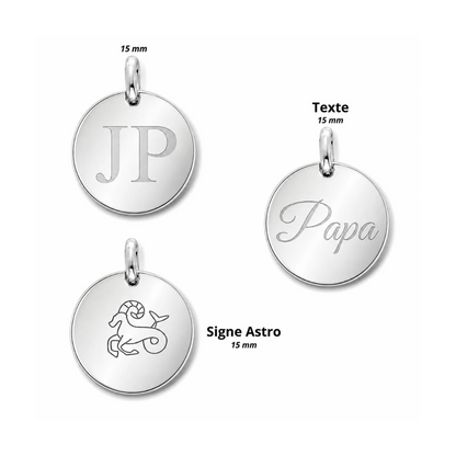 Exemples de gravure sur médaille ronde personnalisable 15 mm argentée : initiales, prénom et signe astrologique – Les Inséparables
