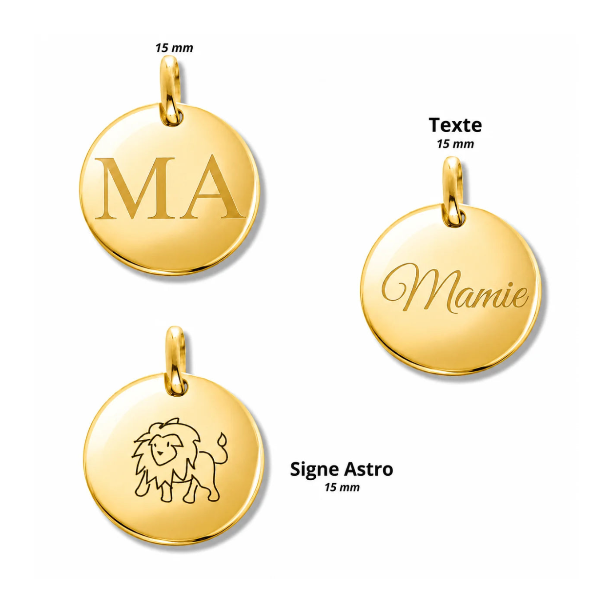 Exemples de gravure sur médaille ronde personnalisable 15 mm dorée : initiales, prénom et signe astrologique – Les Inséparables
