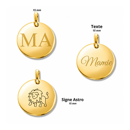 Exemples de gravure sur médaille ronde personnalisable 15 mm dorée : initiales, prénom et signe astrologique – Les Inséparables
