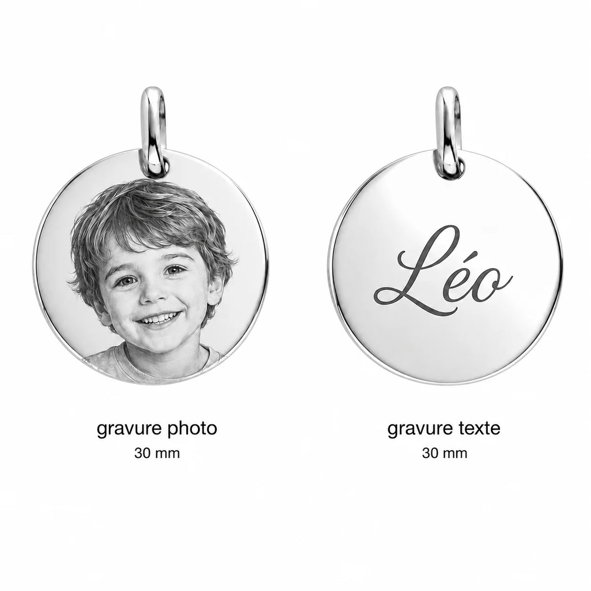 Médaille de 30mm gravée argentée – bijou personnalisable avec texte