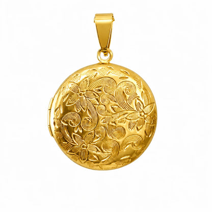 Pendentif médaillon ouvrant rond doré en acier inoxydable avec motif floral gravé – Les Inséparables