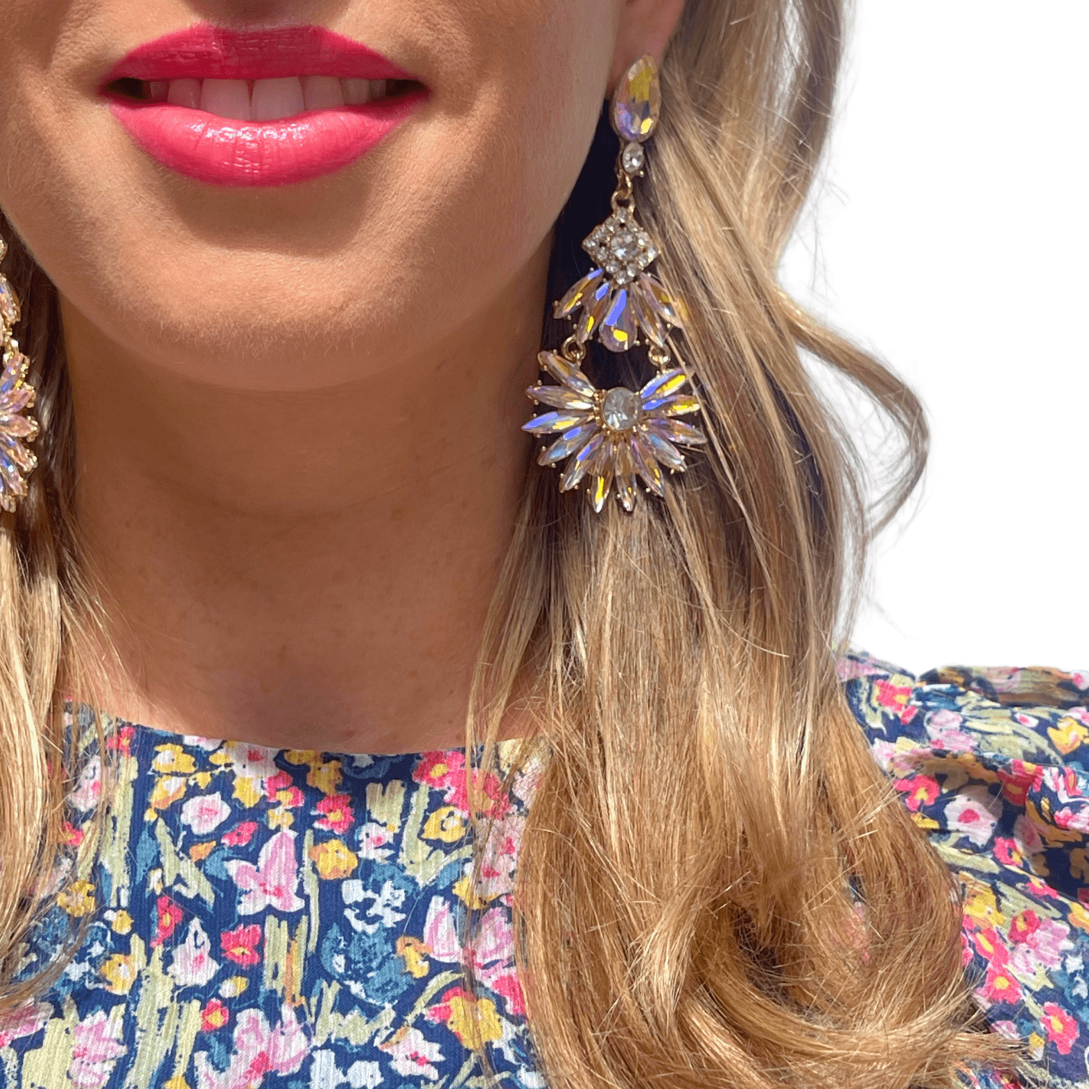 Photo Portée Boucles d'Oreilles Pendantes Fleurs De Cristal 