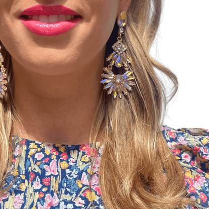 Photo Portée Boucles d'Oreilles Pendantes Fleurs De Cristal 