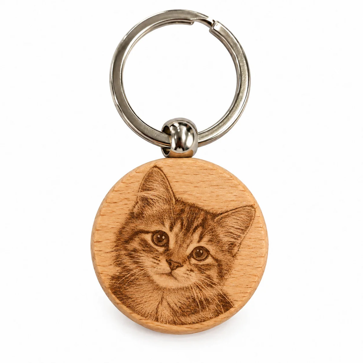 Porte-clés rond en bois gravé d'une photo de chat