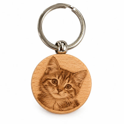 Porte-clés rond en bois gravé d'une photo de chat