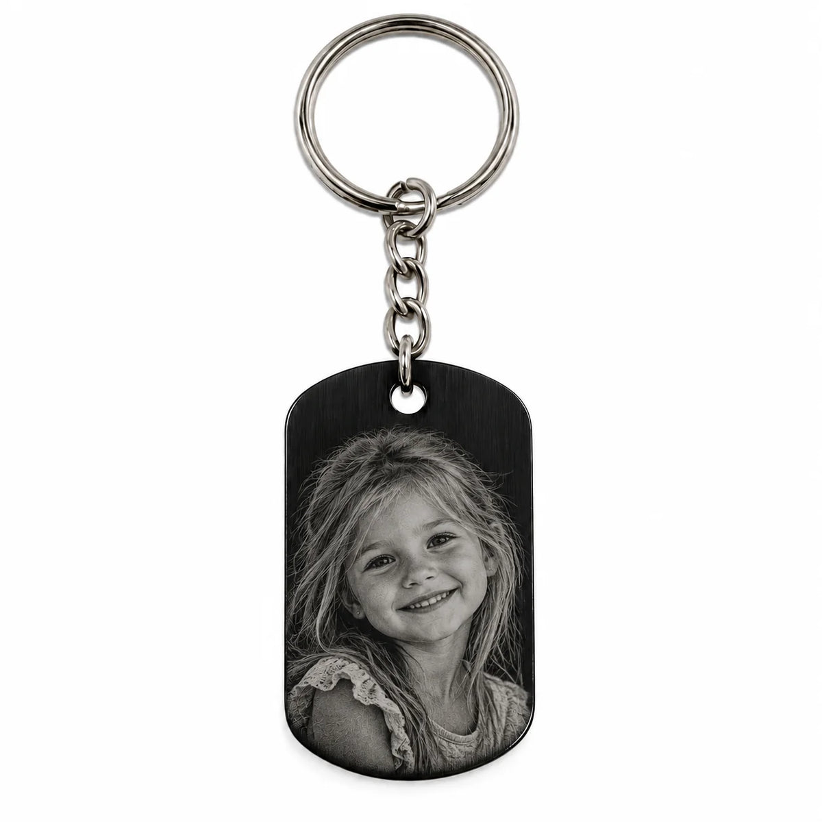 Porte-clés plaque militaire noire en acier inoxydable gravée de la photo d'une petite fille - Les Inséparables