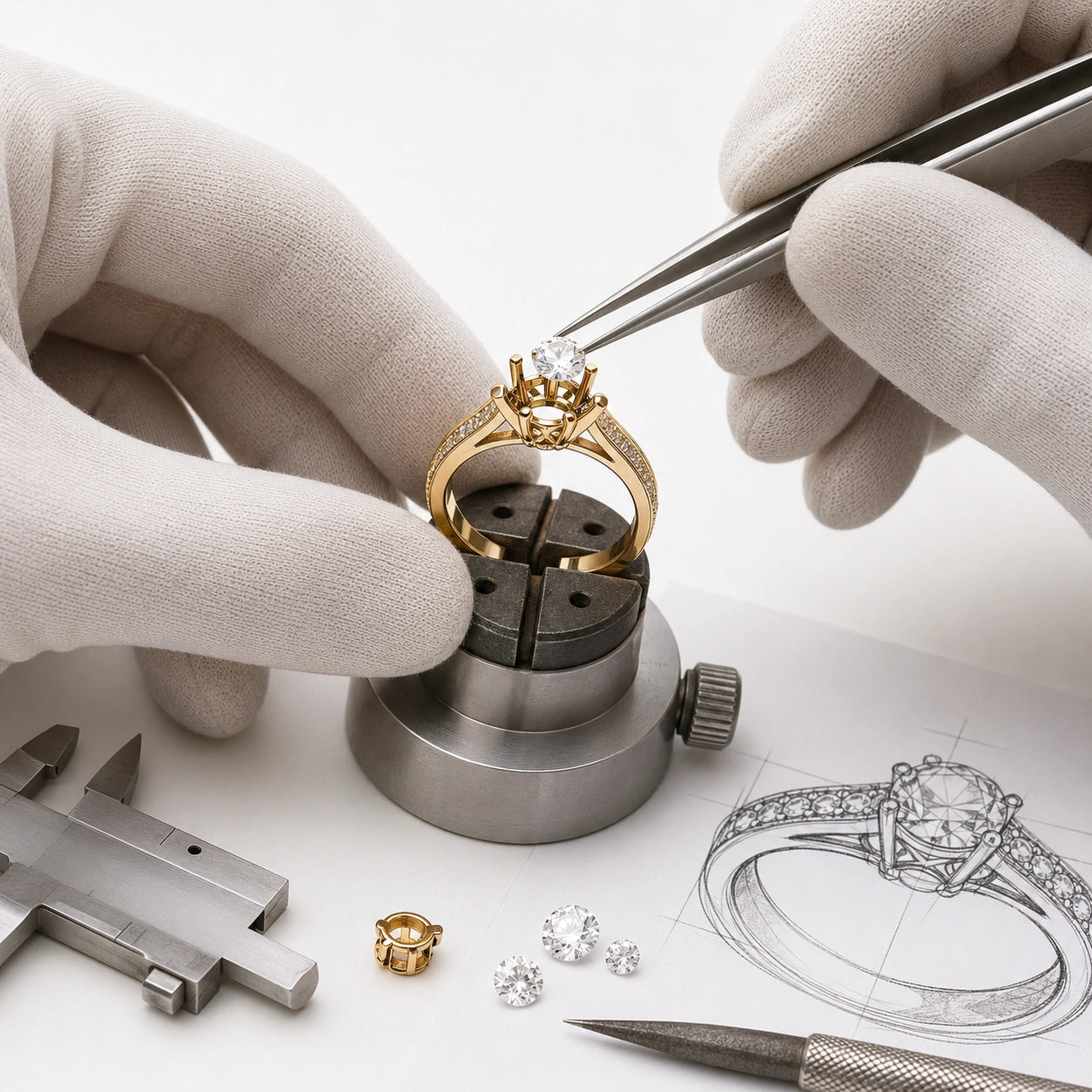 Sertissage d’une pierre blanche sur une bague dorée dans un atelier de bijouterie – Les Inséparables